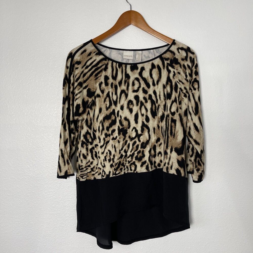Chico's Women's Tunic Top Sz 1 Medium US 8 Animal Print 3/4 Sleeve Beige Black